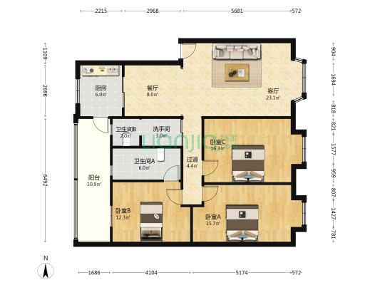 百家花园 3室2厅3卫 124平方