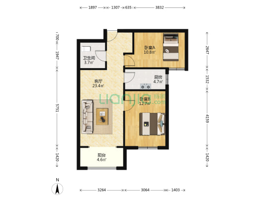 有本  人车分流 南向 两居 带装修 带家具 价格可议-户型图