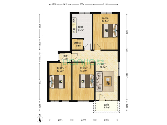 省政府宿舍楼 3室1厅0卫 93平方