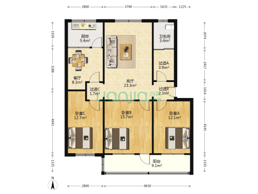 坊子劳动局宿舍 3室2厅1卫 116平方