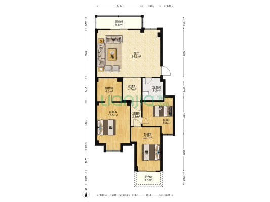 米罗时代 3室1厅1卫 111平方