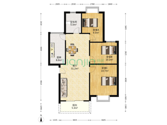 东方虹花苑 3室1厅1卫 98平方