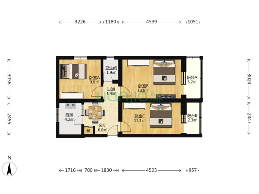 草岚子胡同 3室1厅1卫 71平方