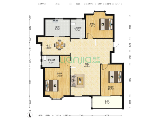 桥东岸路257号 3室2厅2卫 153平方