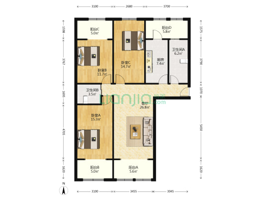 丽园公寓 3室1厅2卫 132平方