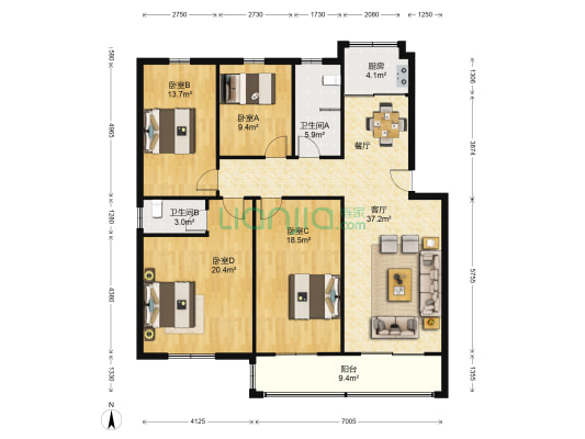 迎宾花园小区 4室1厅2卫 144平方