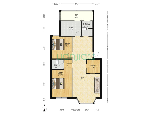 流星巷1号 2室1厅2卫 100平方