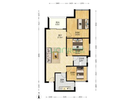 左岸名都 3室1厅1卫 90平方