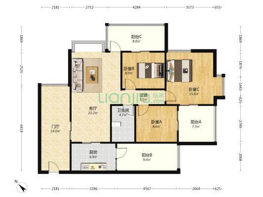 海盛东方银座 3室1厅1卫 88平方