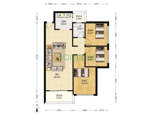汇园国际花园二期天荟 3室1厅1卫 96平方