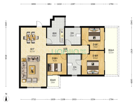 云岭花园 3室1厅2卫 120平方