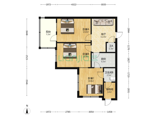 建筑一公司家属院(北院) 3室1厅2卫 57平方