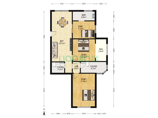 嘉登公寓 3室1厅2卫 117平方