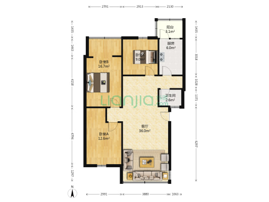 大观里12号院 3室1厅1卫 90平方