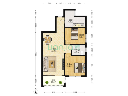 中华名园三期C区 2室1厅1卫 86平方