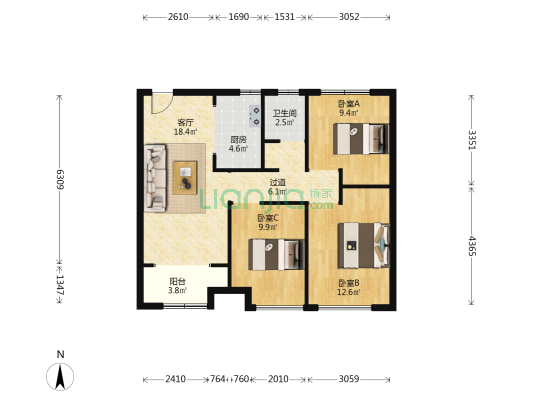 翡翠名邸 3室1厅1卫 89平方
