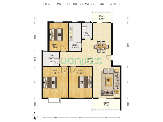 天欣花苑 3室1厅2卫 114平方