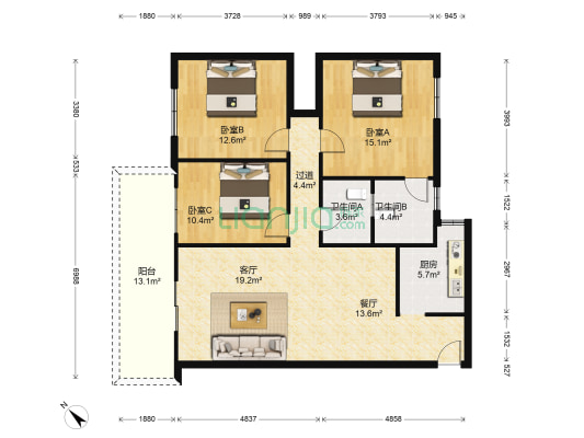 教师村（三乡镇） 3室2厅2卫 119平方