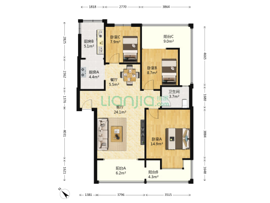 云祥山庄 3室2厅1卫 90平方