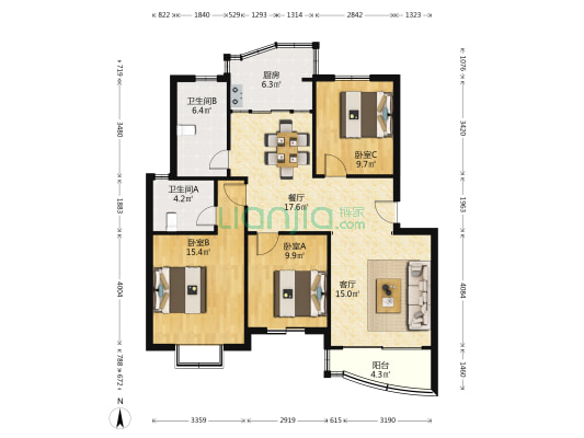 德兴一村 3室2厅2卫 110平方