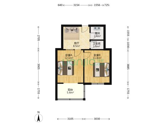 五龙花园小区南区 2室1厅1卫 54平方