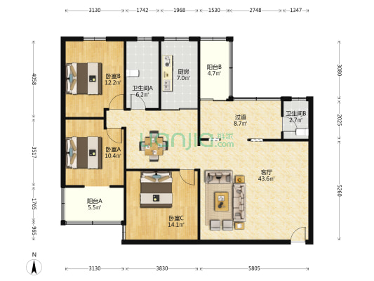 湖光市检察院家属楼 3室1厅2卫 122平方