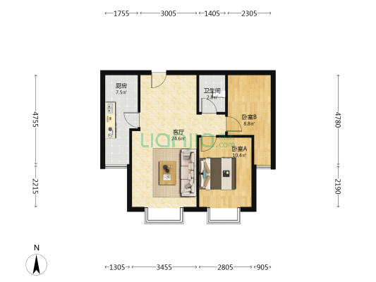 紫竹园 2室2厅 南-户型图