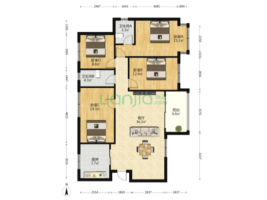 海棠月色 4室1厅2卫 106平方