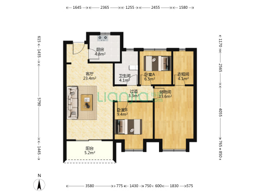 江与城 2室1厅1卫 95平方