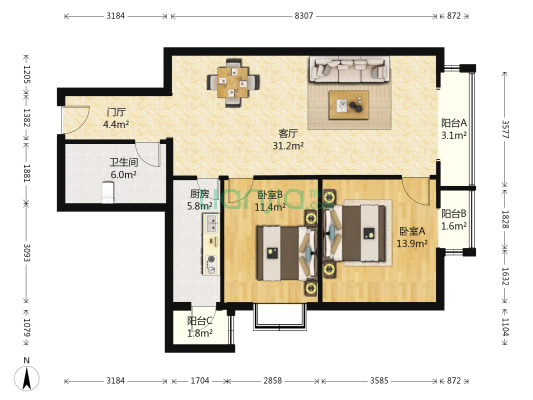 清澄名苑北区 2室1厅1卫 103平方