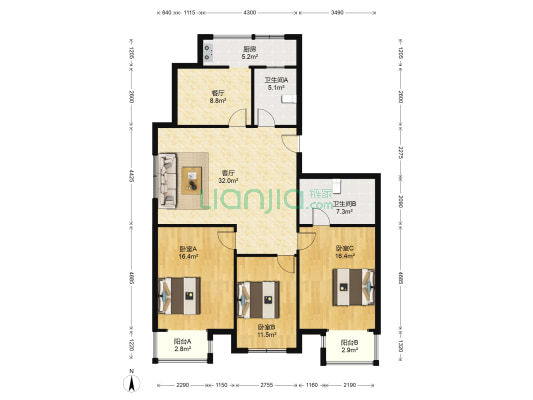 天馨家園 3室2厅2卫 139平方