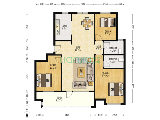 保利叁仟栋一期 3室1厅2卫 131平方