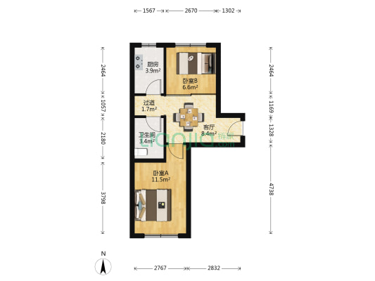 金隅滨和园1号院 2室1厅1卫 55平方