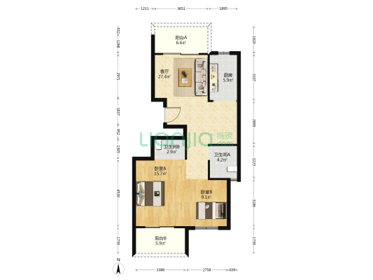 高尔夫滨海华庭 2室1厅2卫 95平方