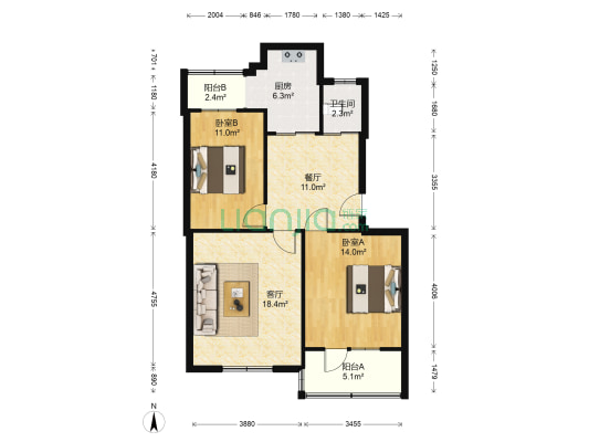 老交通局 2室2厅1卫 81平方