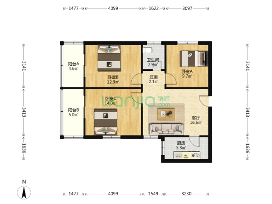 龙首北路西段17号院 3室1厅1卫 84平方