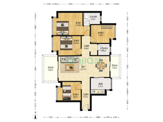 金地卓越松湖悦湾 4室1厅2卫 110平方