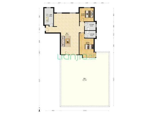 一层带120平大院子，采光好！南北通透三居-户型图