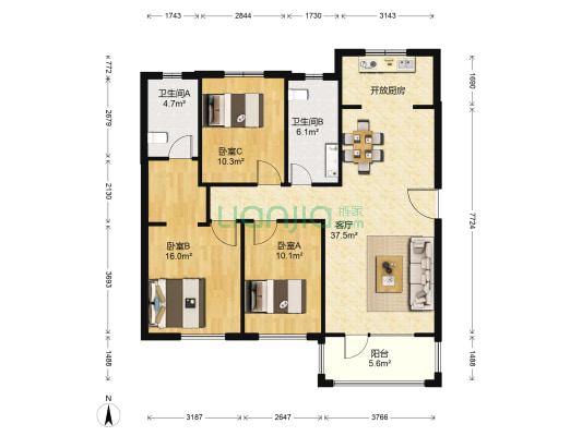 亿达普罗旺斯三期 3室1厅2卫 115平方
