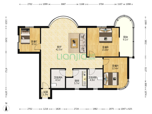 皇家公寓(公寓) 3室1厅2卫 141平方