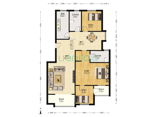 世纪花园竹园 3室2厅2卫 148平方
