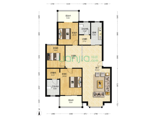 四季花园 3室1厅2卫 128平方