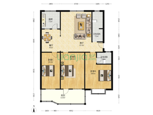 富康园 3室2厅2卫 140平方
