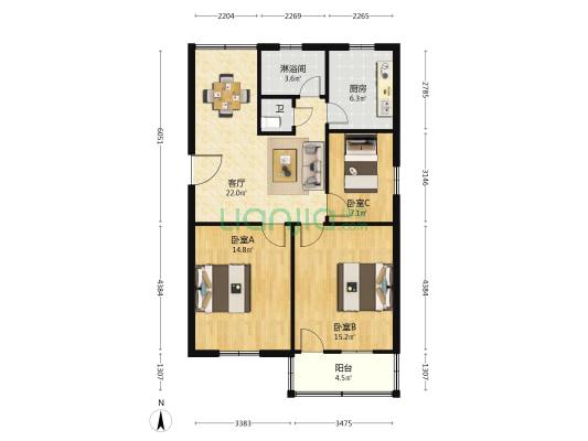 建行宿舍二区 3室1厅2卫 84平方