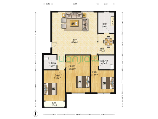 金地置业小区 3室2厅2卫 132平方