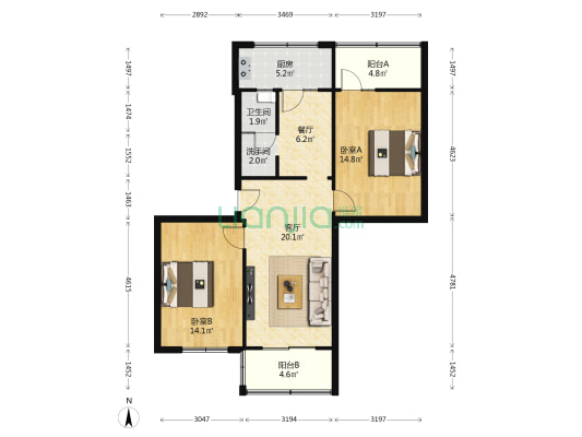 北滨码头小区 2室2厅2卫 85平方