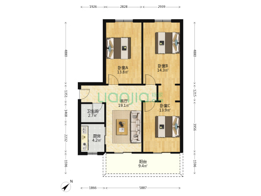 华龙花园 3室1厅1卫 88平方