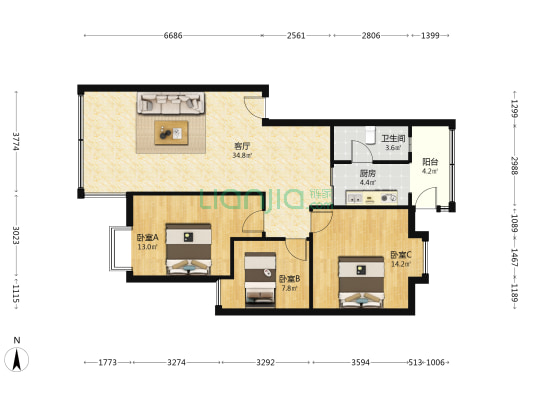 东悦雅苑二期 3室1厅1卫 96平方