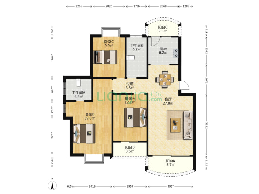 若耶人家 3室1厅2卫 116平方