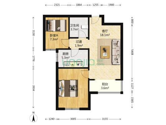 鱼儿山悦城南区 2室1厅1卫 76平方
